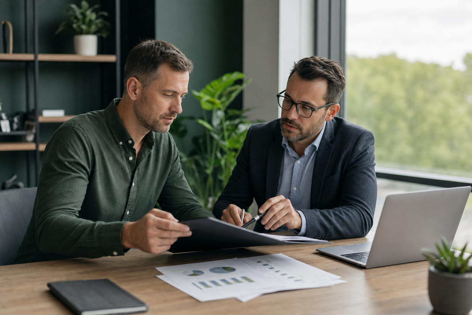 A business owner and adviser reviewing financial documents