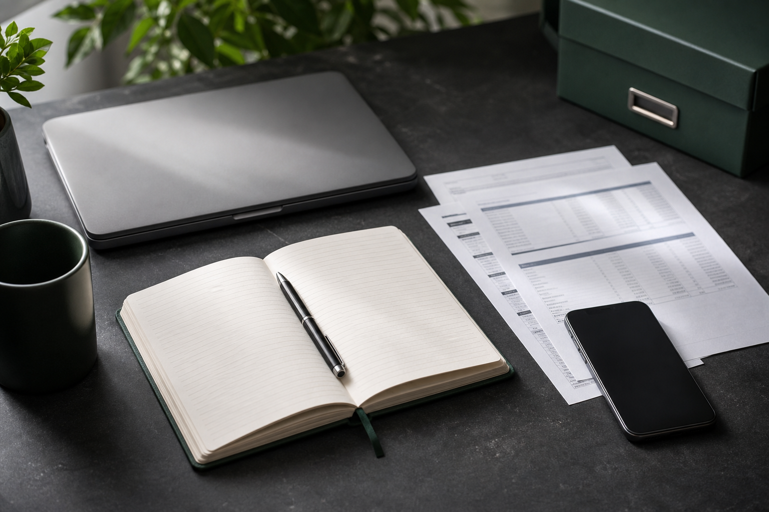 Notebook, transaction records, phone, and laptop arranged for a case review