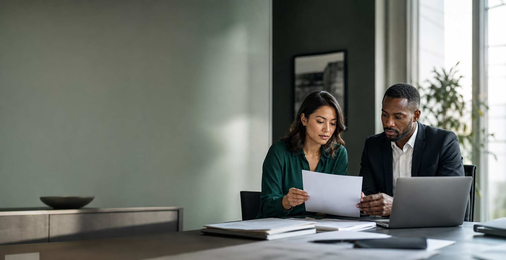 Two financial recovery specialists reviewing documents together