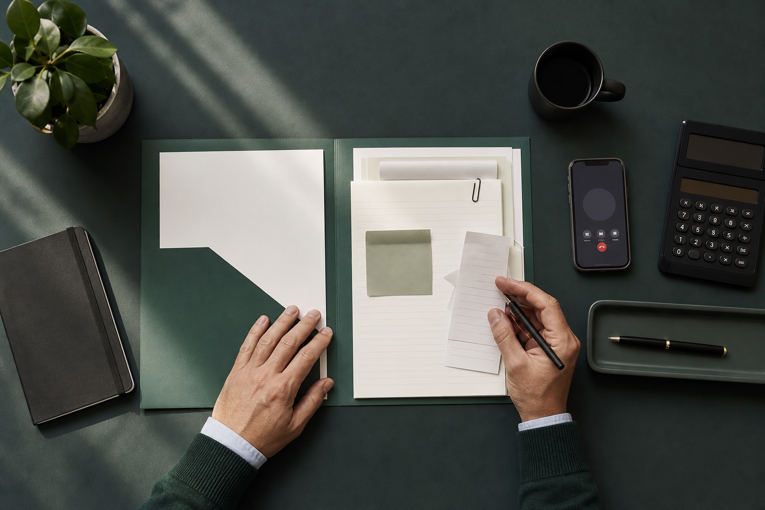 Case reviewer organizing intake notes beside a phone and calculator